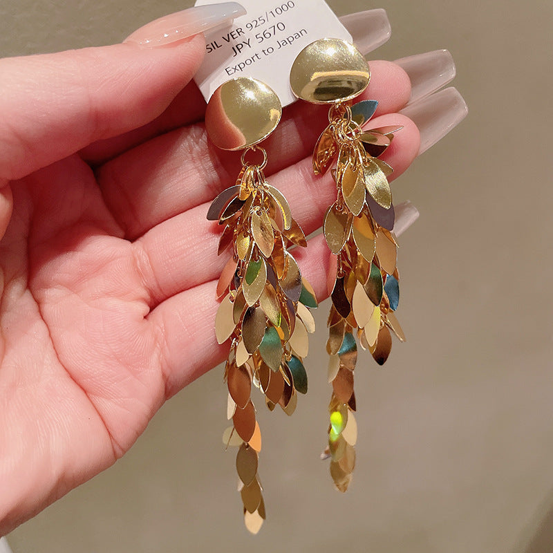 Wholesale Metal Sequin Leaf Tassel Earrings