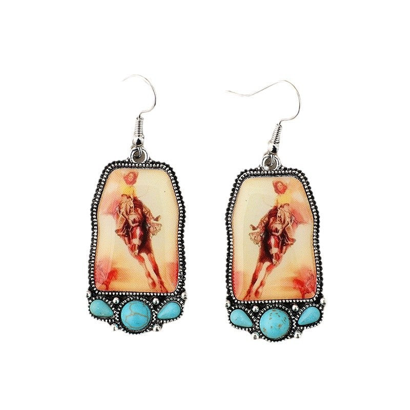 Wholesale Retro Geometric Animal Turquoise Alloy Earrings Bohemian Fashion Accessory Boutique Resale