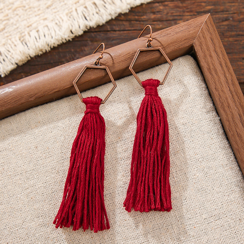 Wholesale Vintage Chinese Style Red Tassel Earrings Long Exaggerated Party Wear Jewelry Accessory