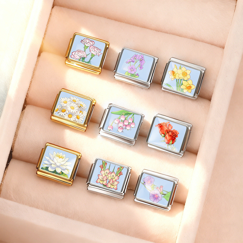 Wholesale Stainless Steel Birthflower Modular Bracelet Trendy Jewelry Gift for Everyday Wear