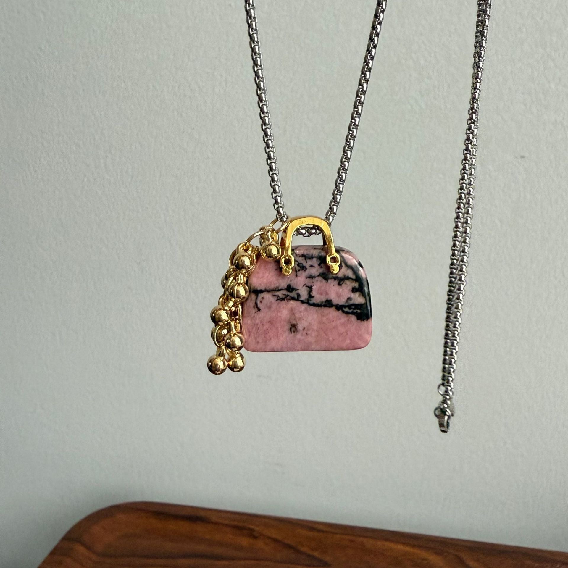 Wholesale Titanium Steel Natural tiger eye stone bag grape string pendant necklace