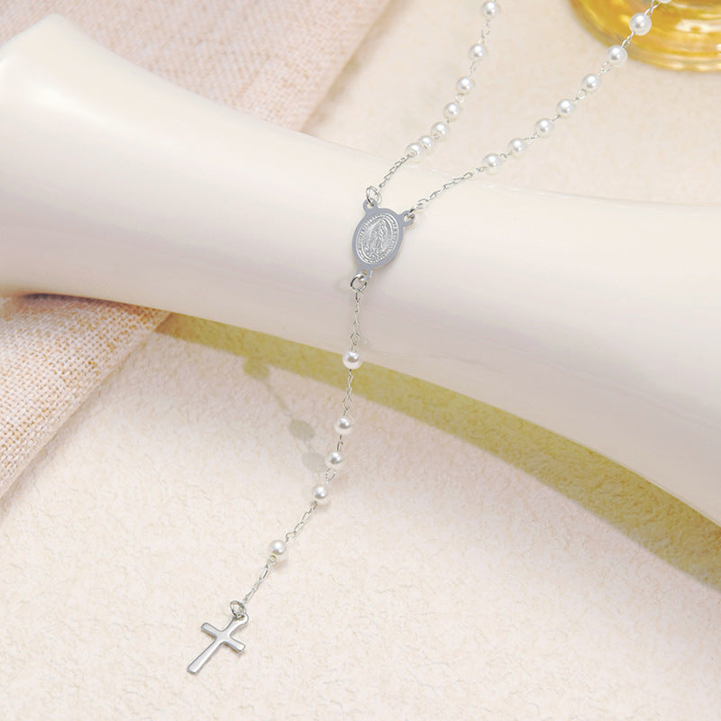 Wholesale Titanium Steel Cross Pearl Necklace Light Luxury Jewelry