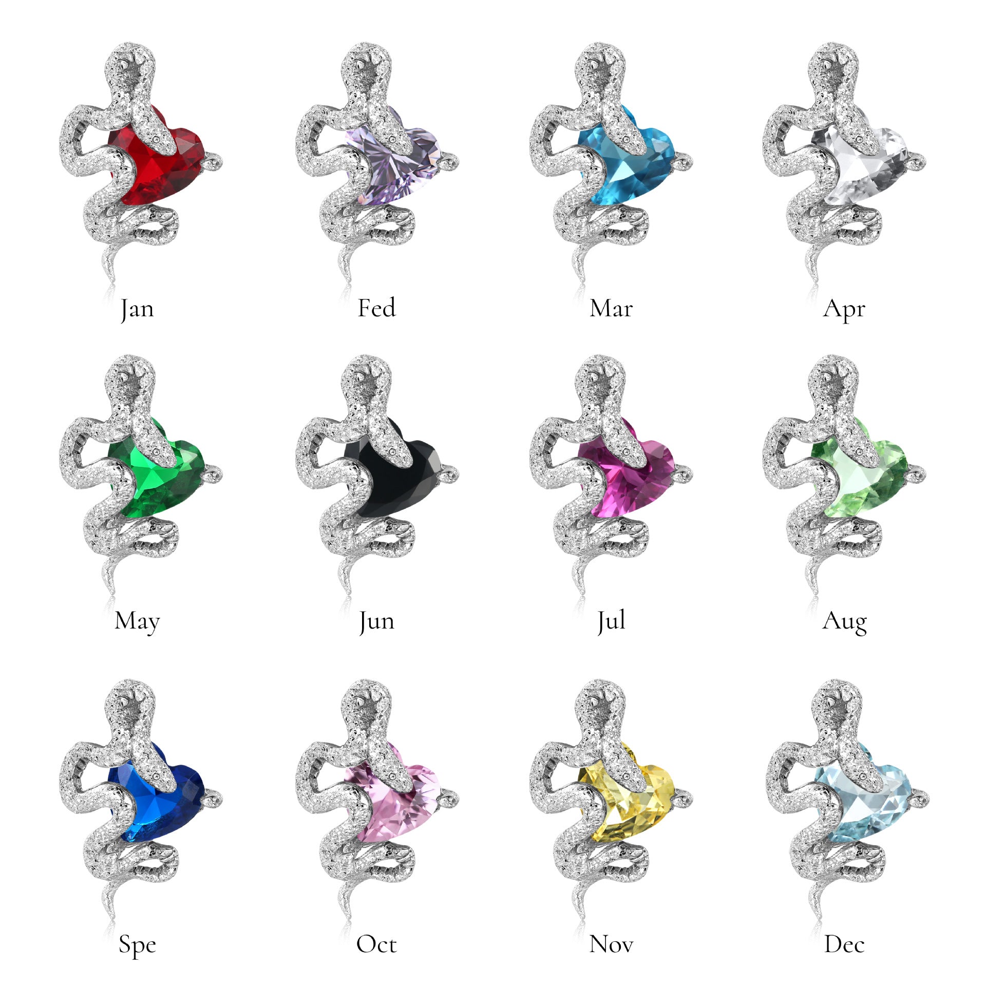 Wholesale 12 Birthstone Series Snake Heart S925 Sterling Silver Necklaces ACC-NE-MC014