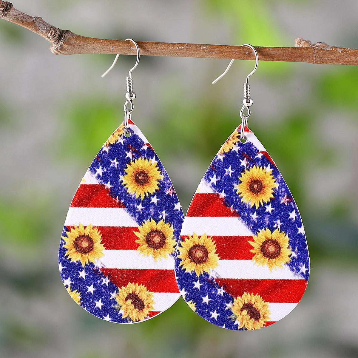 Wholesale Independence Day Red, White and Blue American Flag Flower Double-Sided Earrings