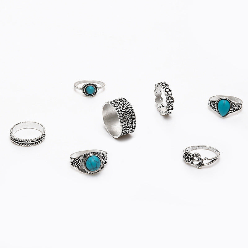 Wholesale Bohemian Turquoise Rose Totem Ring Set 7-Piece Vintage Alloy Jewelry Accessory Gift