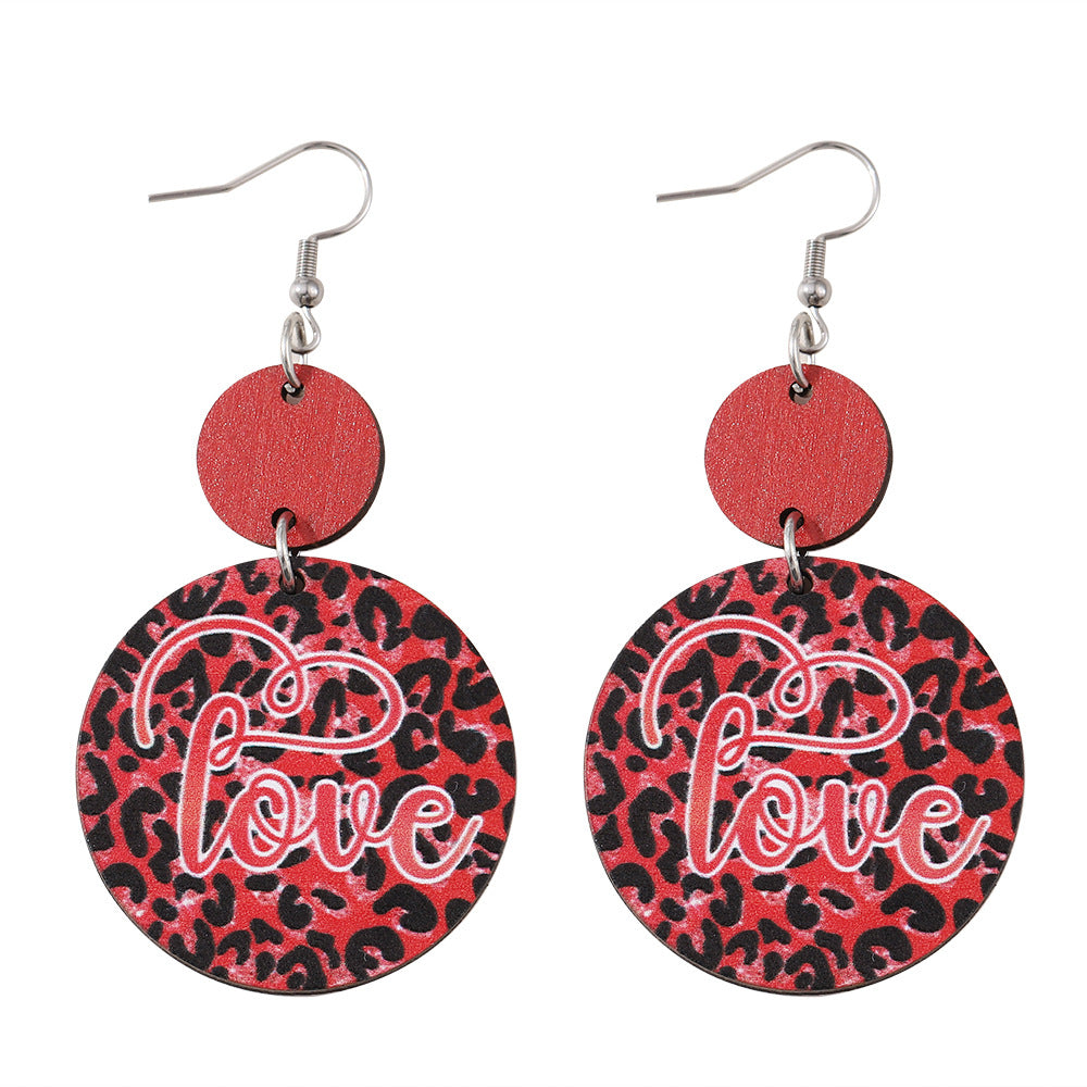 Wholesale Wooden leopard print heart-shaped circular earrings