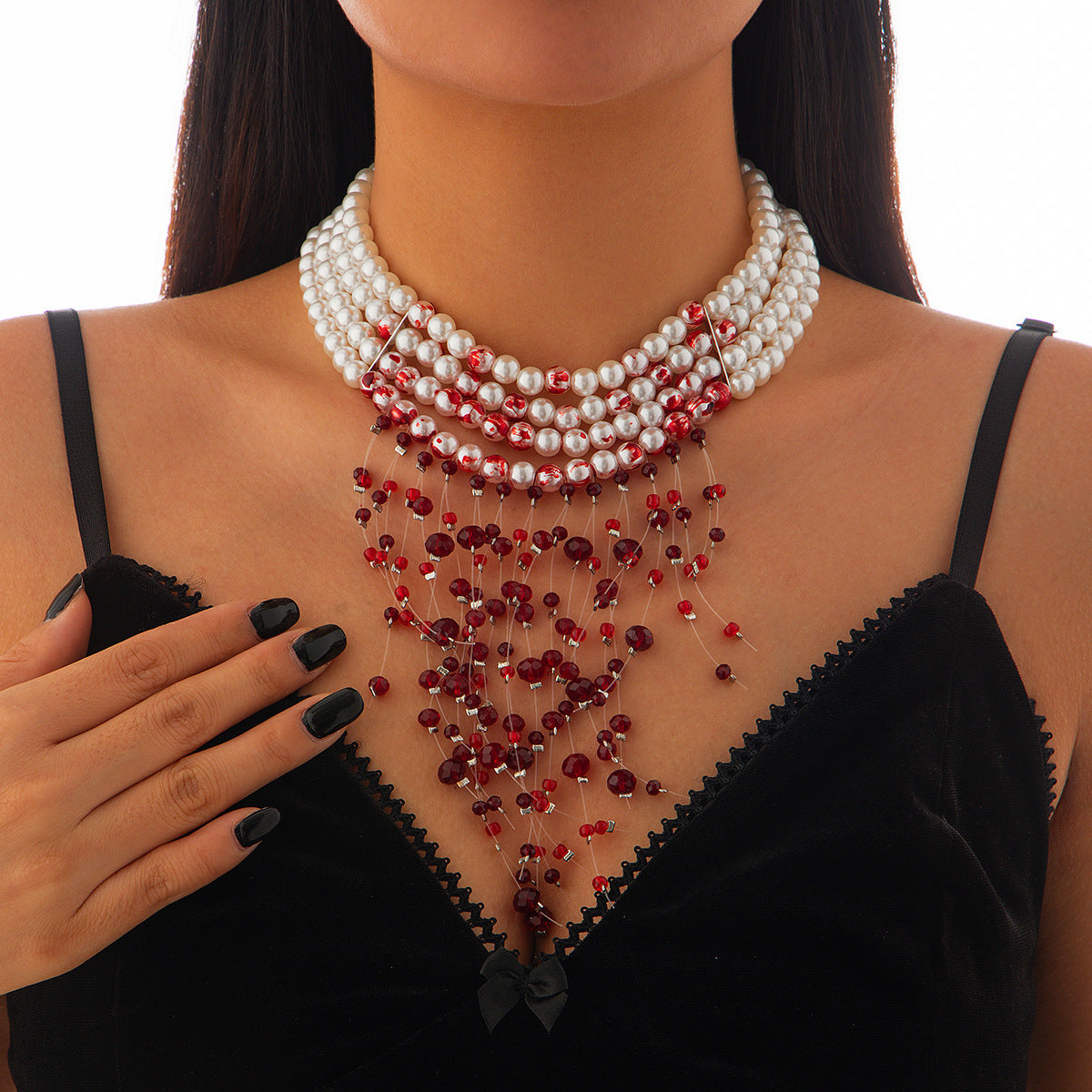 Wholesale Gothic Pearl Necklace  Blood Drops Tassel Crystal Clavicle Chain