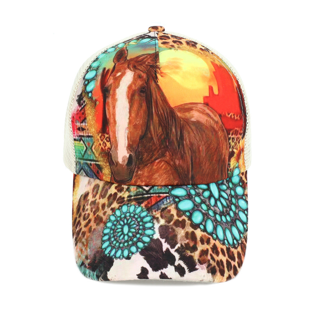 Wholesale Western Style Turquoise Horse Mesh Cap Ponytail Cap Baseball Cap Hat ACC-HT-RongZhao006