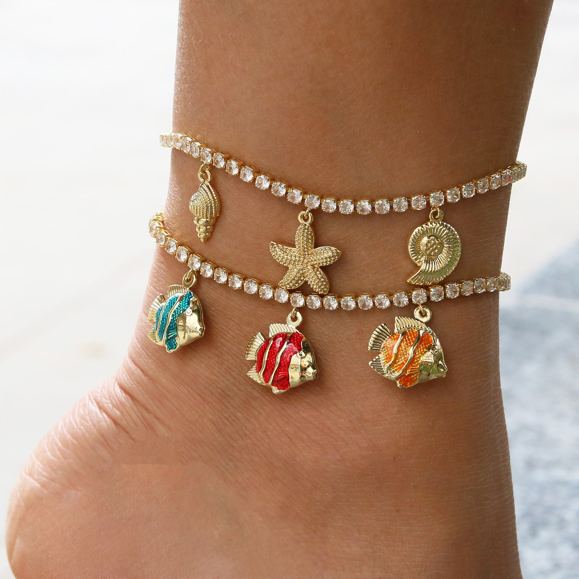 Wholesale Ocean Summer Full Diamond Zirconia Chain Colorful Fish Starfish Seashell Multi-Layer Women' s Anklet