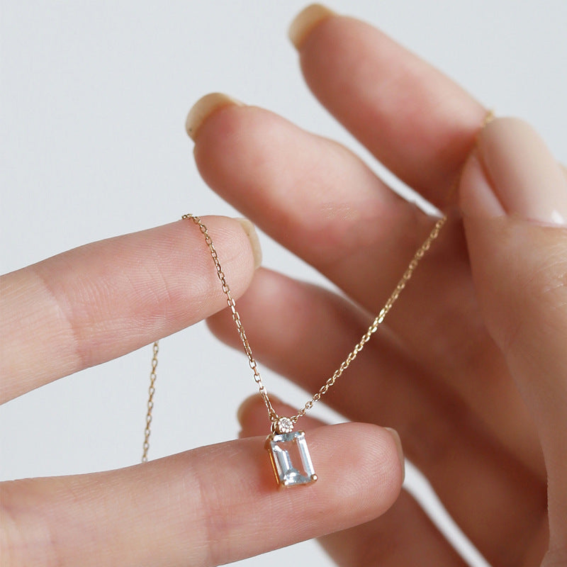 Wholesale 925 Sterling Silver Plated 18k Gold Square Aquamarine Collarbone Necklaces