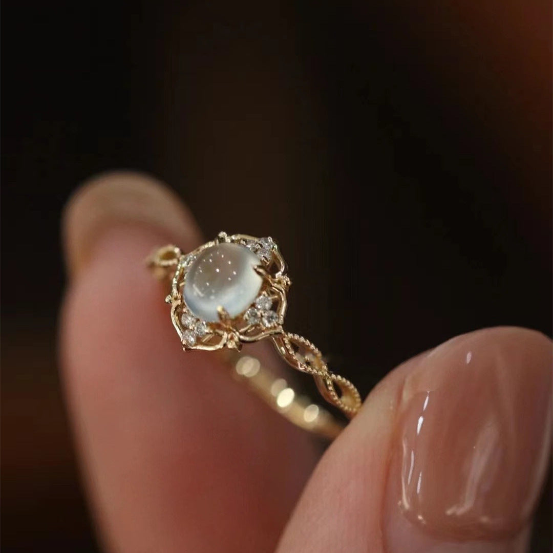 Wholesale White Chalcedony Egg Ring Copper Open Ring Zircon Gift for Her