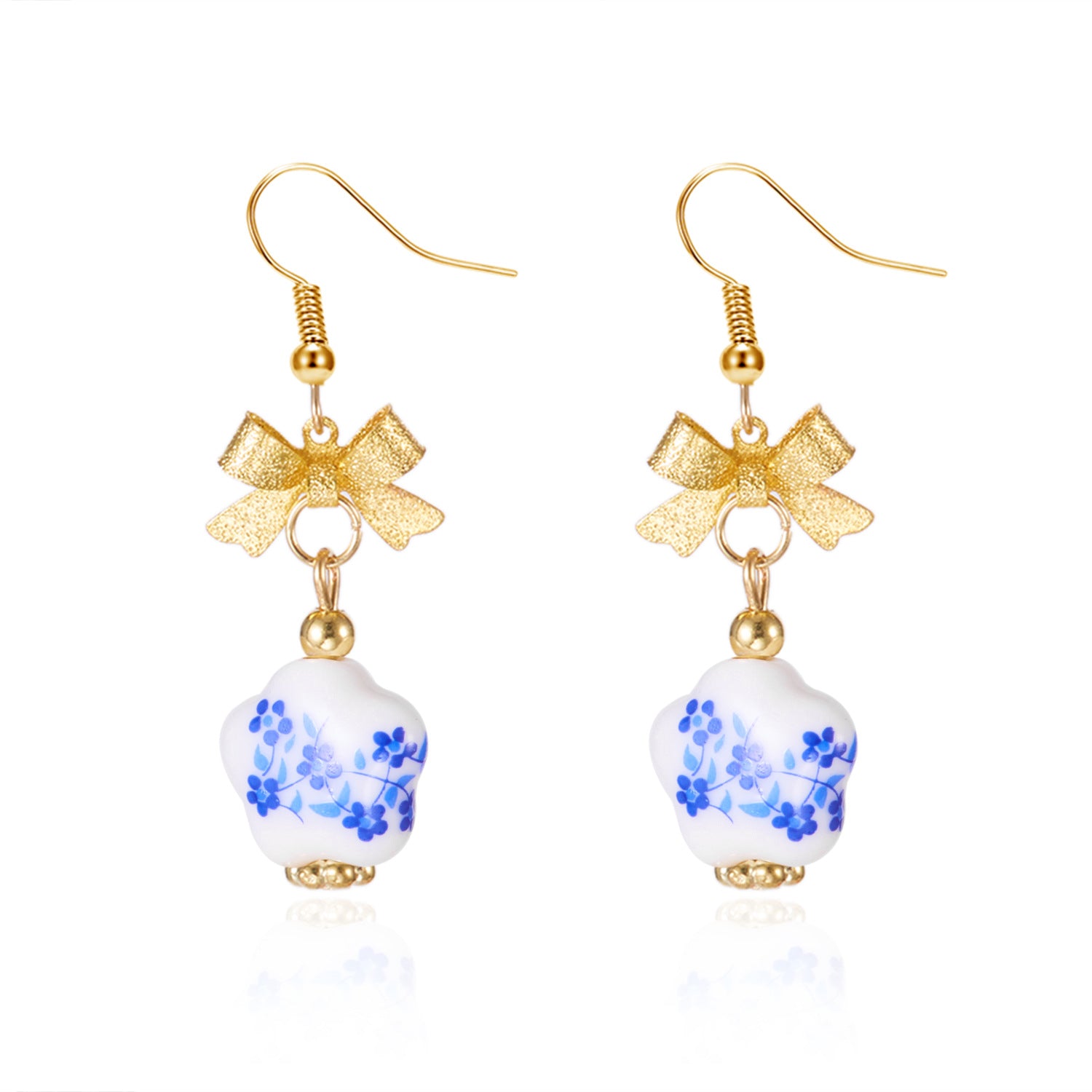 Wholesale Chinese style floral blue and white porcelain bow earrings
