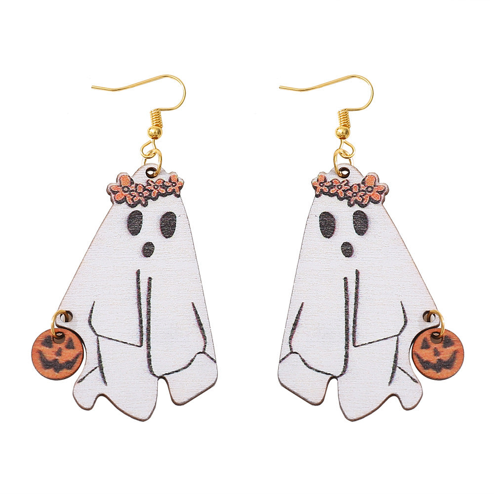 Wholesale Halloween Party Ghost Double Sided Wooden Earrings ACC-ES-ChuLian058