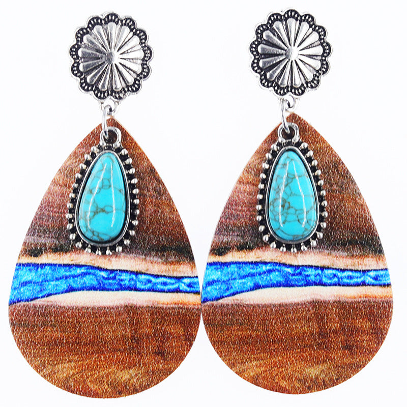Wholesale Western Denim style leopard print alloy turquoise leather earrings