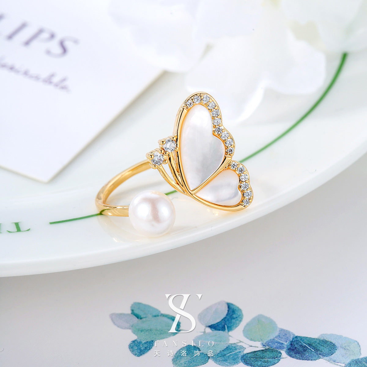 Wholesale Real Pearl Butterfly Ring Opening Ring Adjustable Non-fading Index Finger Ring