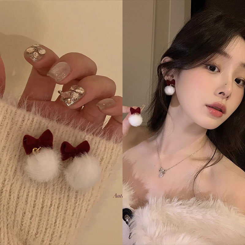 Wholesale Red Bow Plush Fluffy Ball Pendant Earrings