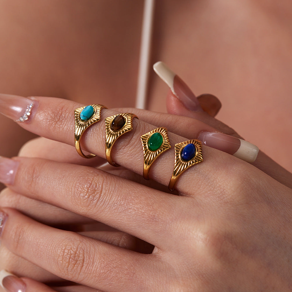 Wholesale Devil' s Eye Vintage Stainless Steel Ring 18K Gold Plated with Lapis Turquoise Inlay Jewelry Accessory for Women