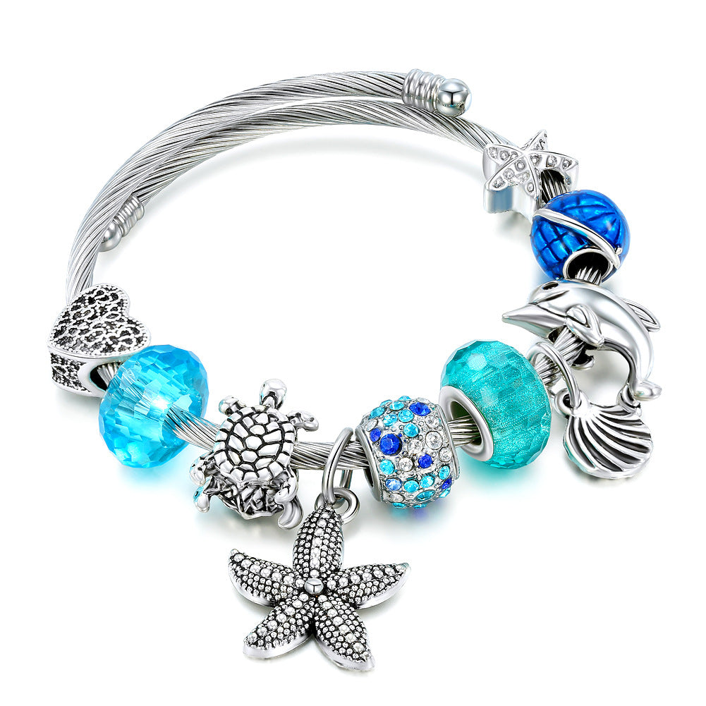 Wholesale Titanium Steel Starfish turtle bracelet blue crystal marine series