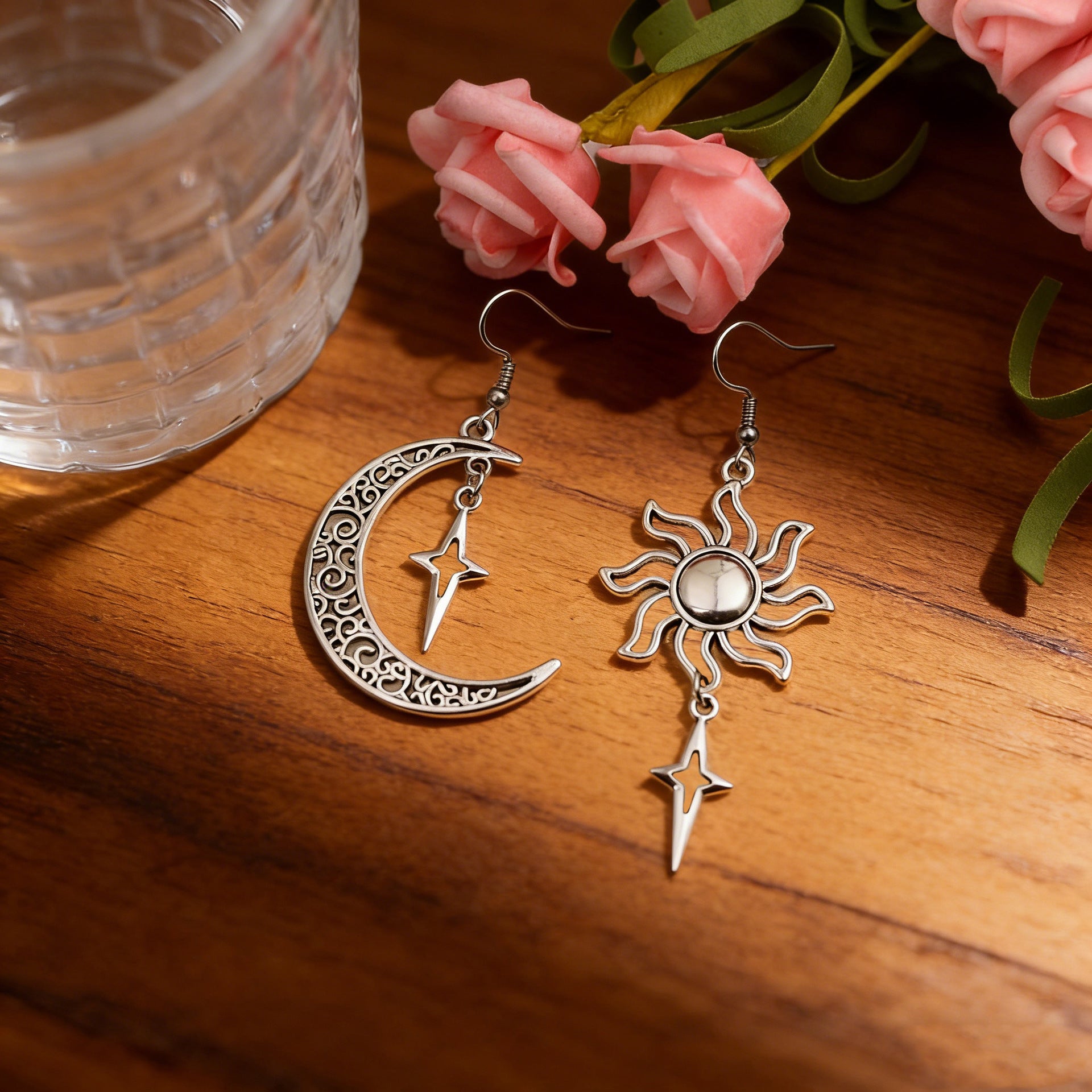 Wholesale Antique Silver Zinc Alloy Moon Sun Cross Star Pendant Earrings Vintage Retro Design Party Jewelry Accessory Gift For Women