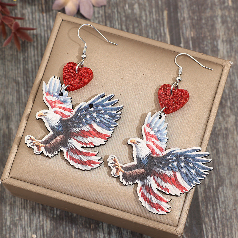 Wholesale American Independence Day Eagle Print American Flag Heart Stitching Wooden Earrings