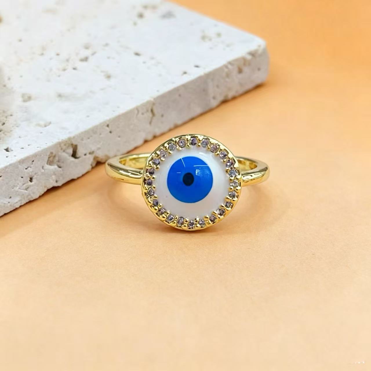 Wholesale Retro Enamel Eye Ring Sunburst Design Adjustable Gold Plated Tri-Color Fashion Accessory