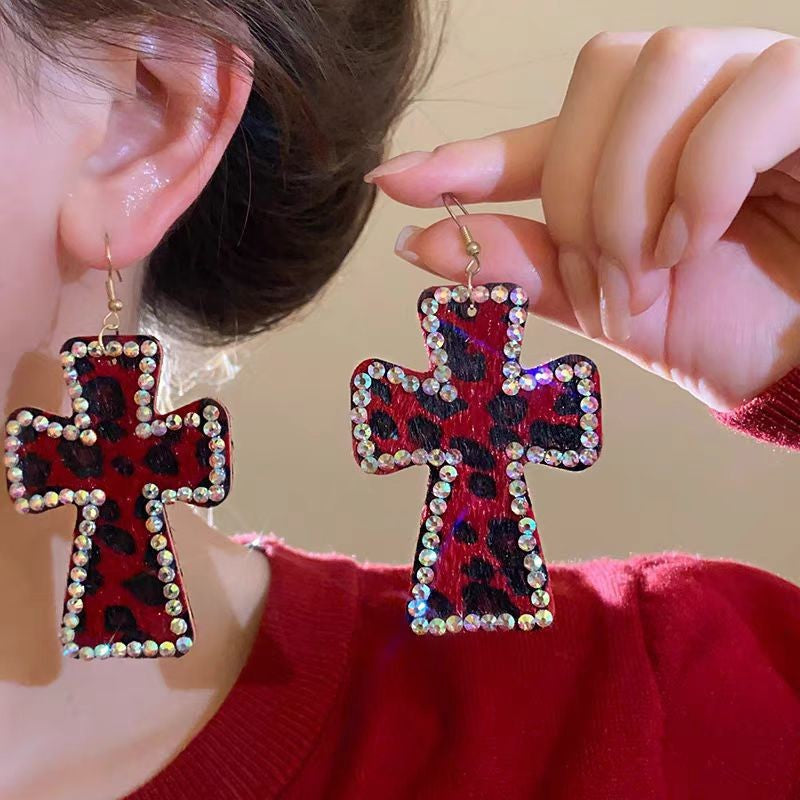 Wholesale  Fabric Leopard Cross Earrings