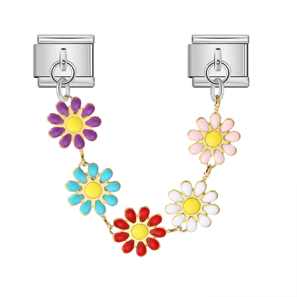 Wholesale   Italian Charm Bracelet 9mm DIY double pendant  flower and evil eye Creative Stainless Steel Composable Bracelet