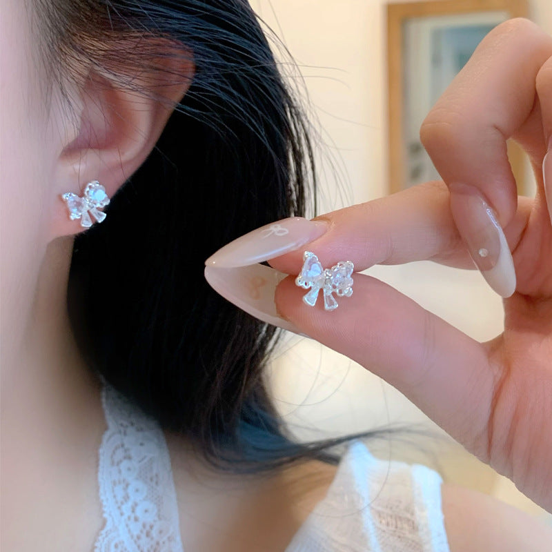 Wholesale Silver Inlaid Zircon Bow Earrings with Silver Needles  Sweet and Loving Elegant Earrings