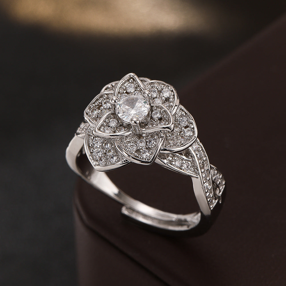 Wholesale Chic Camellia Design Women S Ring Silver Tone Copper Zircon Everyday Wear Jewelry Gift