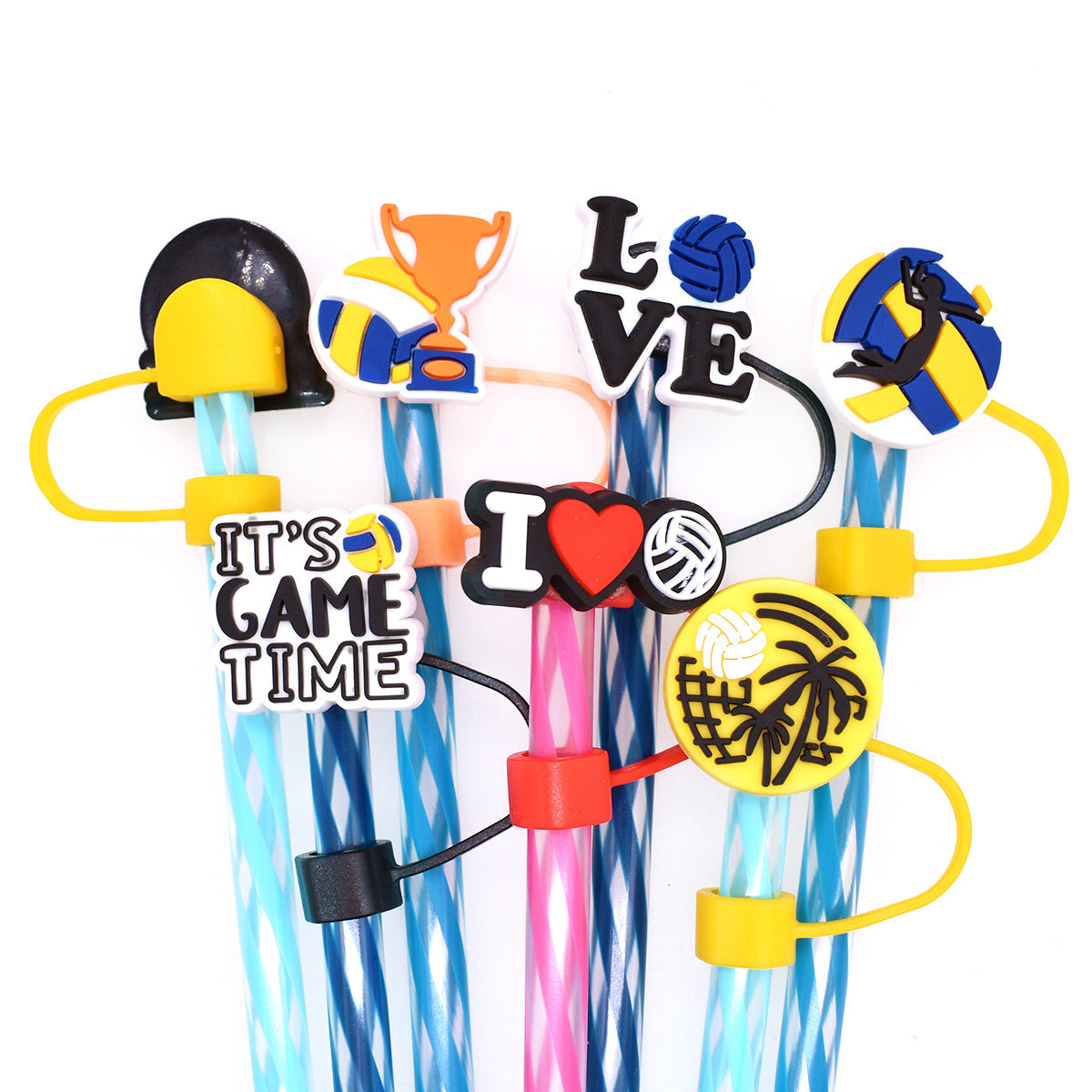 Wholesale Random 100pcs Volleyball Series Straw Tube Cap 10mm Soft Glue Straw Decoration Straw Cover ACC-SCR-RYY039