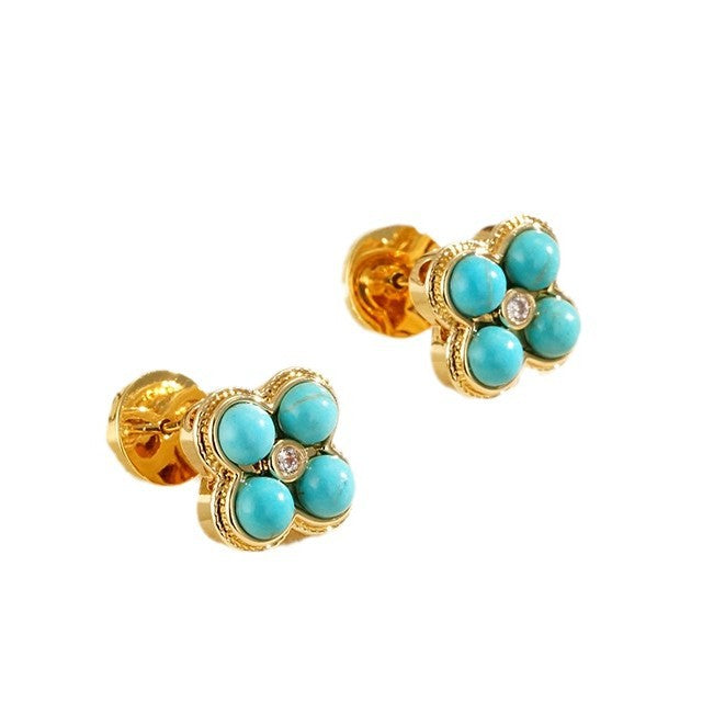 Wholesale S925 silver needle high sense turquoise four-leaf flower earrings