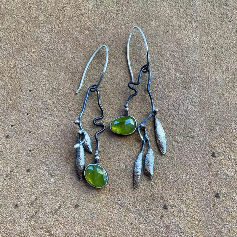 Wholesale Retro ethnic style leaf earrings  inlaid green crystal asymmetric earrings