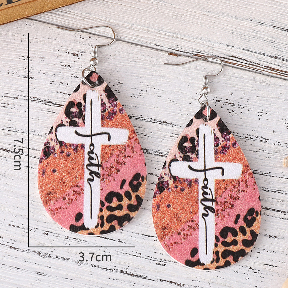 Wholesale  turquoise cow pattern cross water drop PU double-sided  earrings