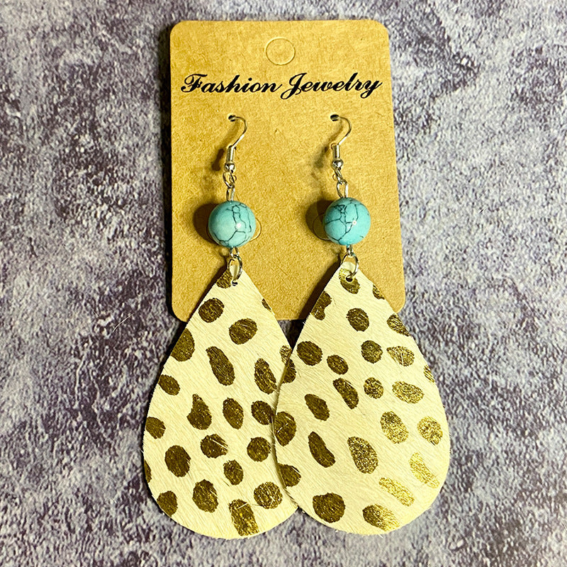 Wholesale Vintage Leather Earrings Western Style Long Teardrop Turquoise Stitching Earrings ACC-ES-XinChuan037