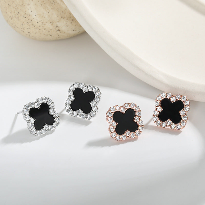 Wholesale 18K black chalcedony anti-allergy  S925 silver needle simple diamond black agate earrings
