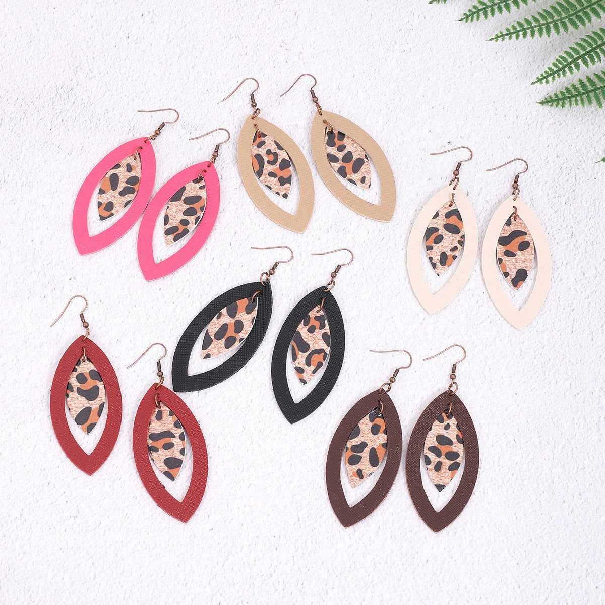 Wholesale  flash leaf natural volcanic stone vintage leather earrings