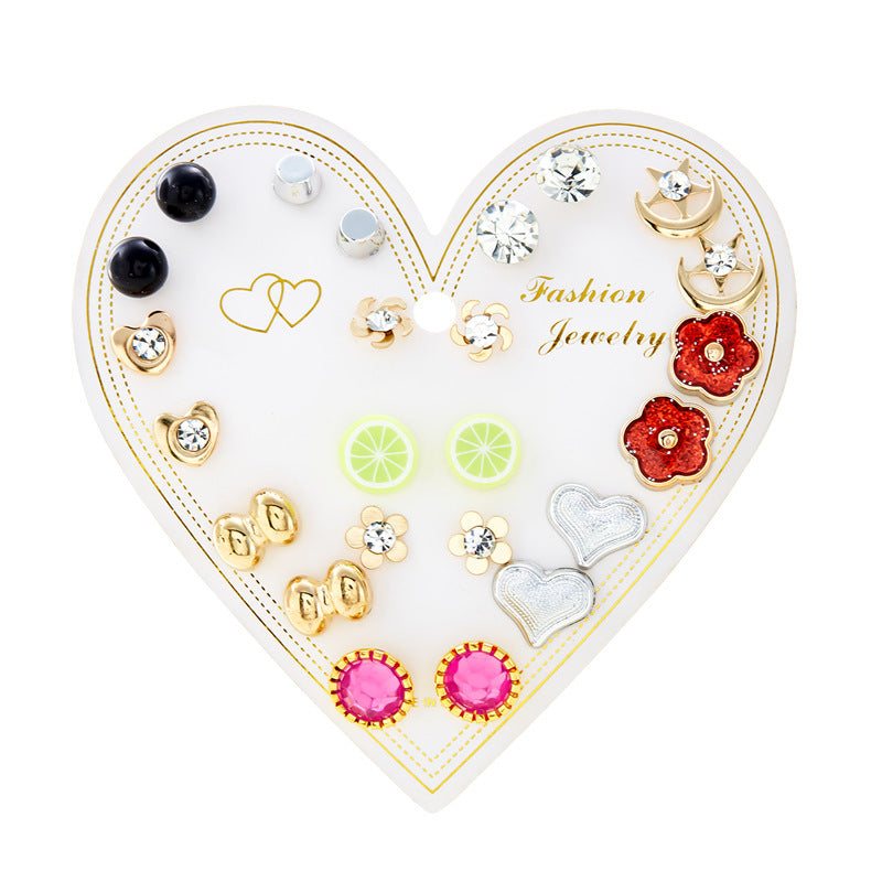 Wholesale month combination earrings 12 pairs of flowers love stars and moon diamond  earrings suit
