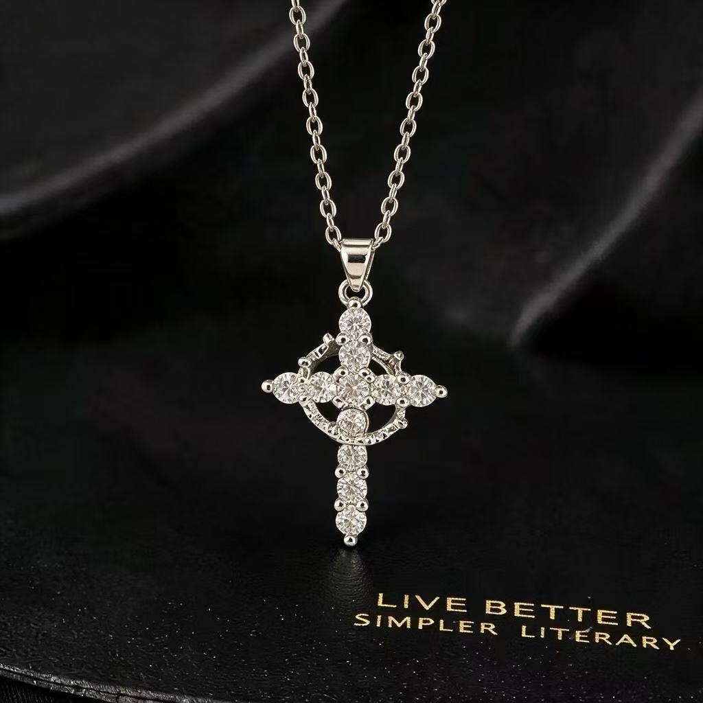 Wholesale Gold Plated Copper Zircon Rotatable Crown Cross Pendant Necklace Fashion Jewelry Accessory Boutique Resale Gift For Women