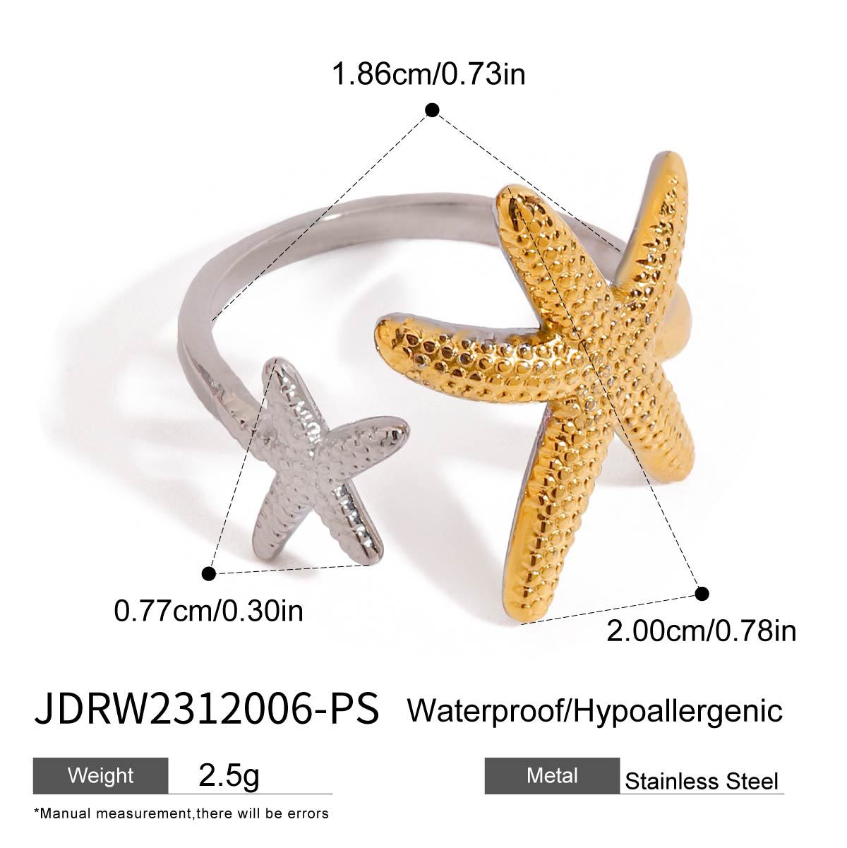 Wholesale 18K gold stainless steel starfish asymmetric ring