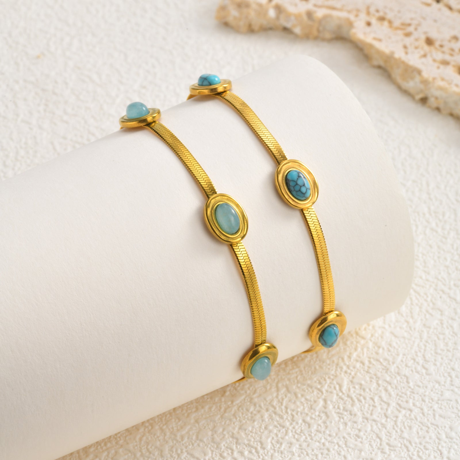 Wholesale Gold Plated Stainless Steel Natural Stone Blade Chain Bracelet Vintage Retro Women S Fashion Jewelry Gift Boutique Resale
