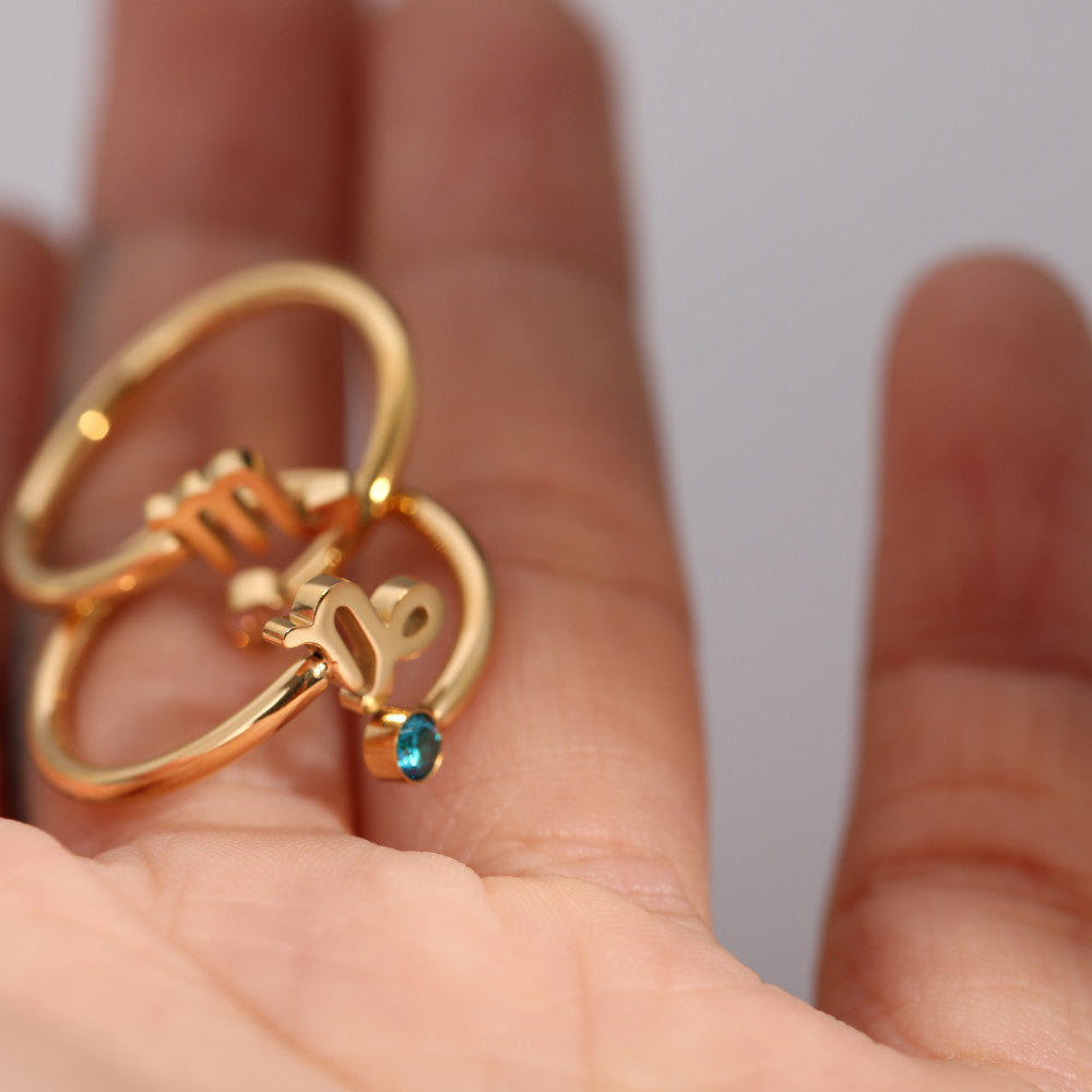 Wholesale 18k Gold Plated 12 Zodiac Signs Rune Zircon Birthstone Ring