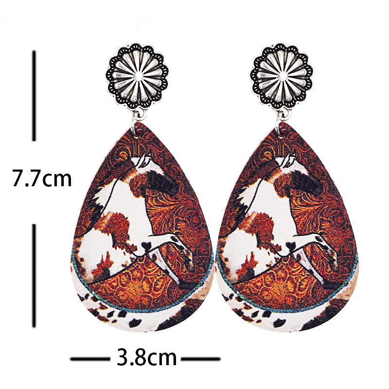 Wholesale Western Denim distressed style sunflower leopard leather earrings