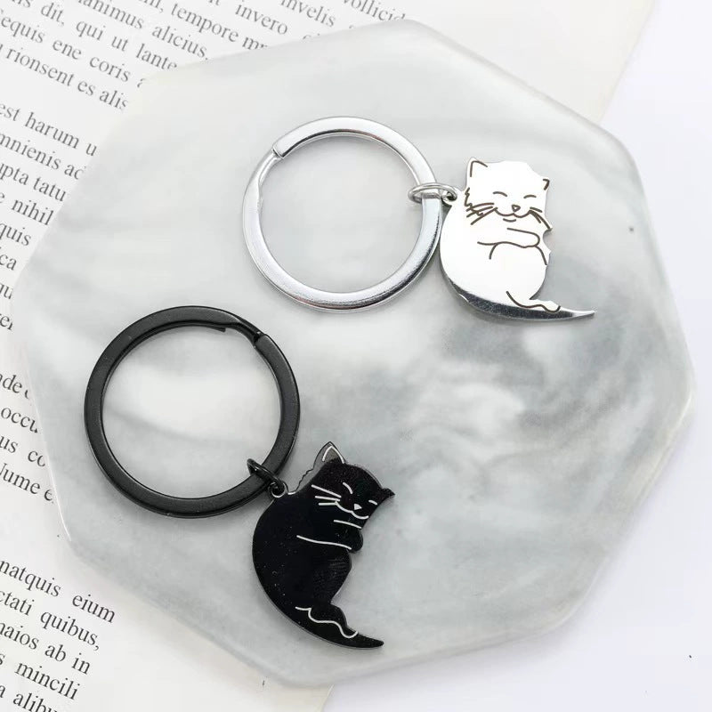 Wholesale  black and white cat titanium steel  keychain