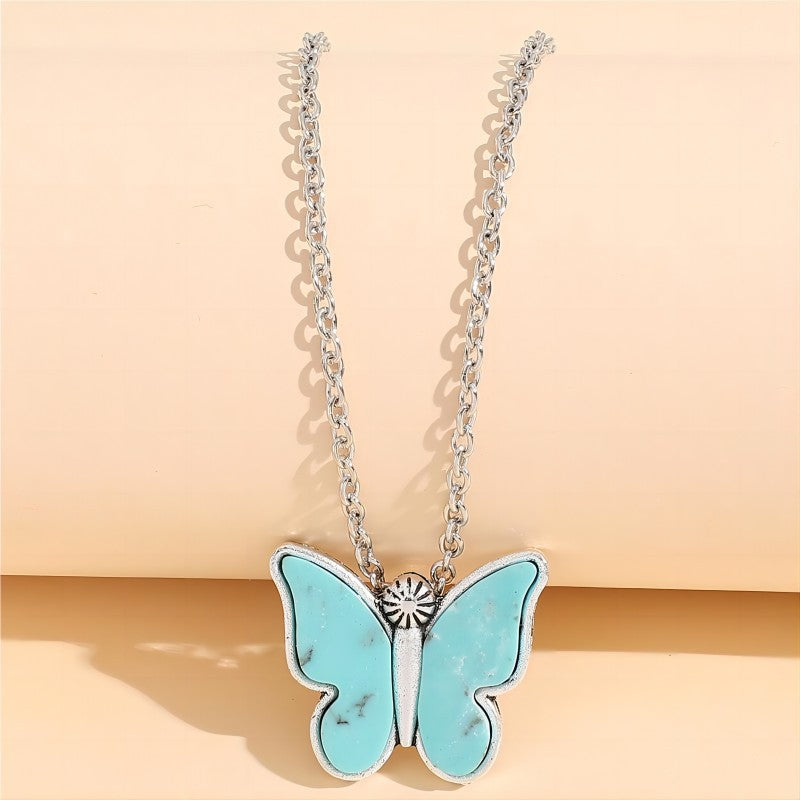 Wholesale Simple Blue Butterfly Turquoise Necklace Zinc Alloy Electroplated Boutique Resale Jewelry Accessory