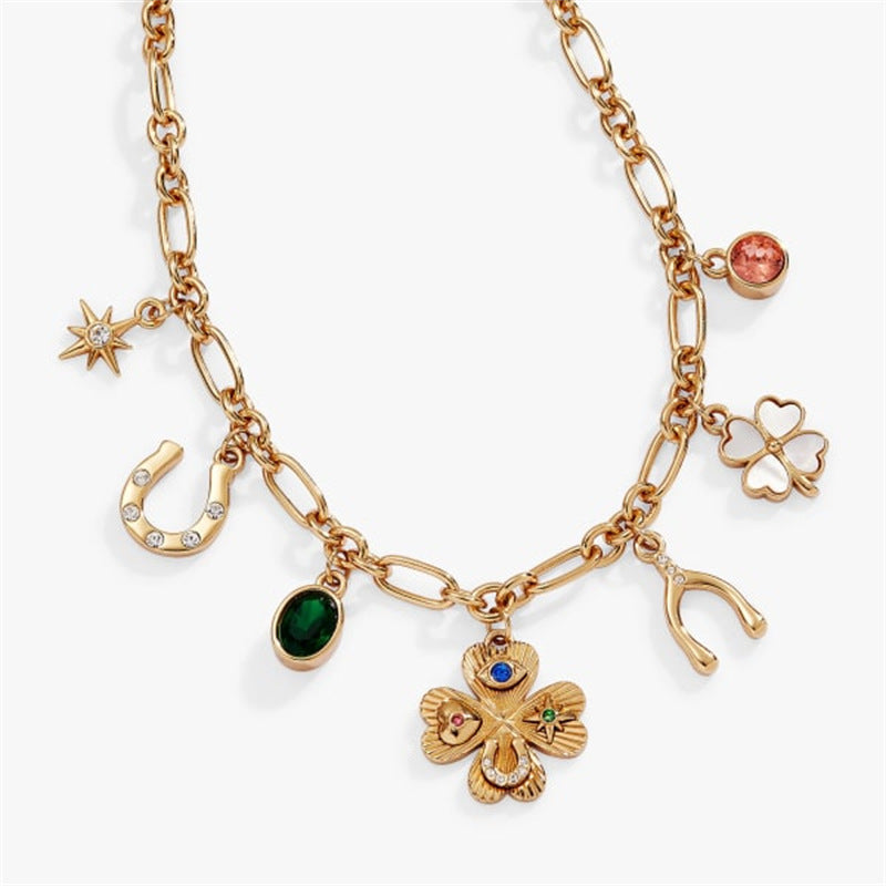 Wholesale Diamond-encrusted four-leaf clover pendant copper color  pendant necklaces