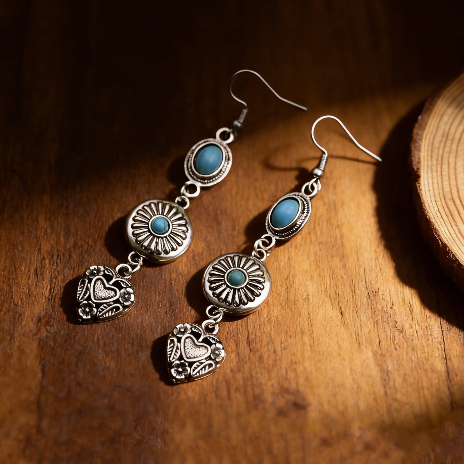 Wholesale Vintage Bohemian Elegant Distressed Texture Floral Heart Pendant Earrings with Turquoise Long Tassel Ear Jewelry