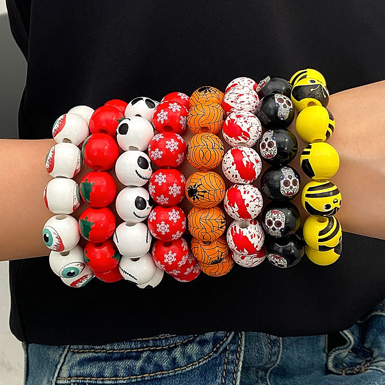 Wholesale Wood Beaded Bracelet with Pumpkin and  Print  Festival Jewelry Accessory