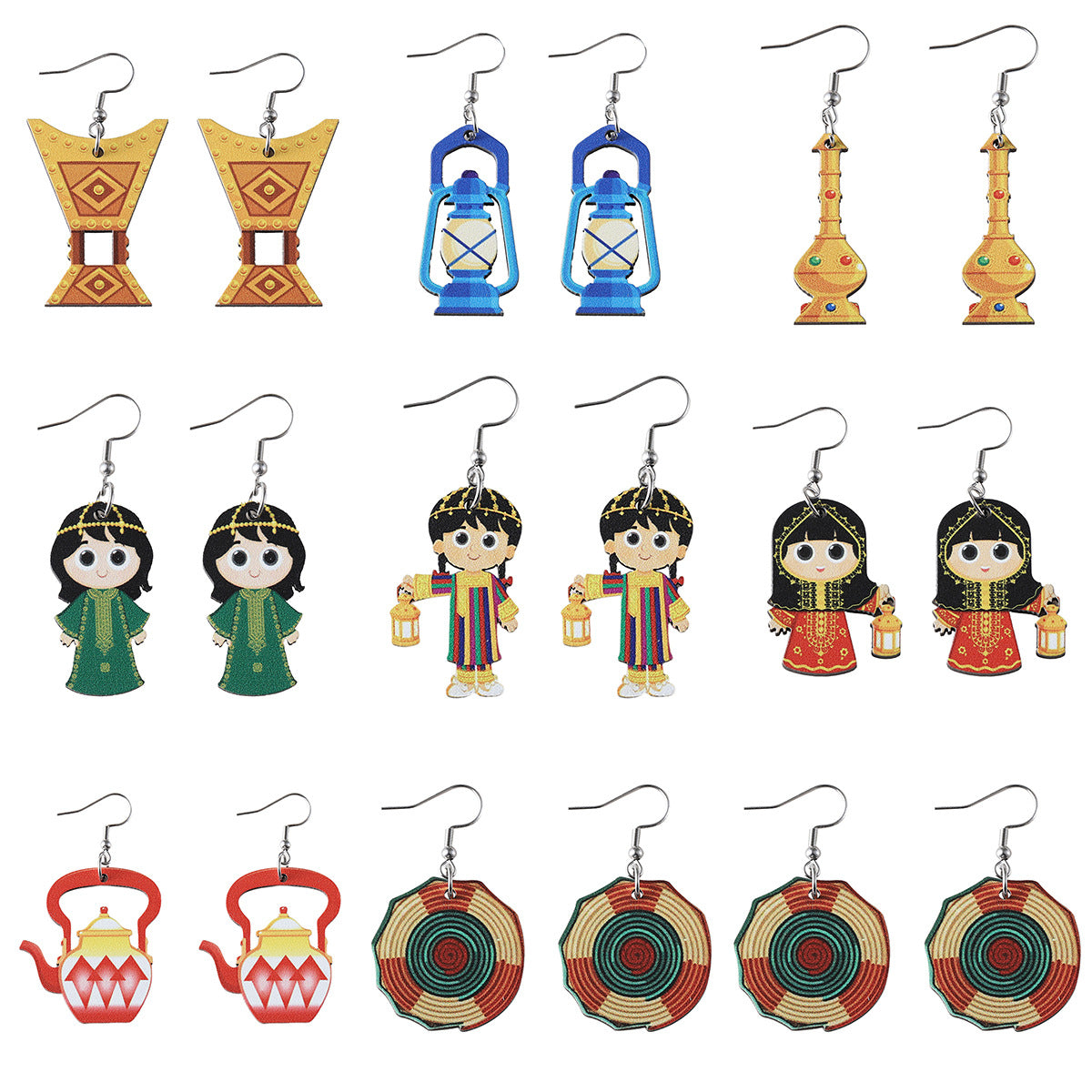 Wholesale Retro Girls Lantern Blue Oil Lamp Wooden Double Sided Earrings ACC-ES-ChuLian006