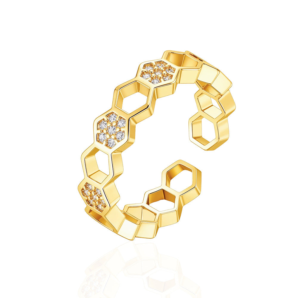 Wholesale Gold Tone Copper Zircon Honeycomb Open Adjustable Ring Chic Everyday Wear Jewelry Accessory