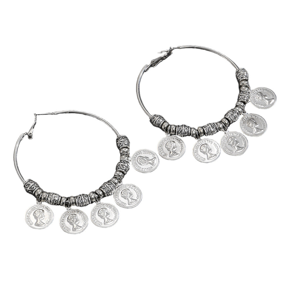 Wholesale Bohemian Vintage Retro Face Relief Large Hoop Earrings For Women Alloy Electroplated Ethnic Style Jewelry Accessory Ancient Silver Finish